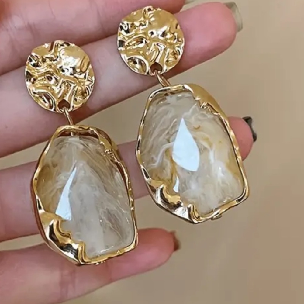 Gold Drop Earrings with Cream Marble Stones